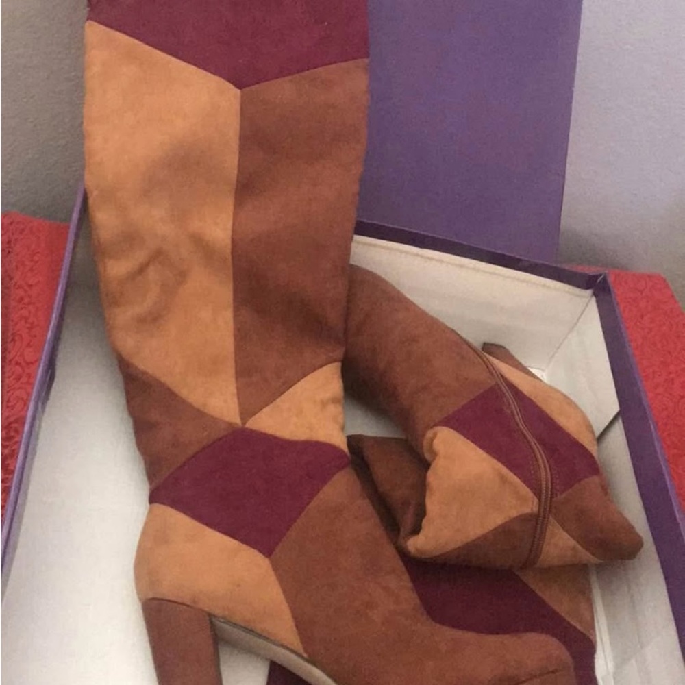 Colorblock Knee-High Boots - Brown and Burgundy